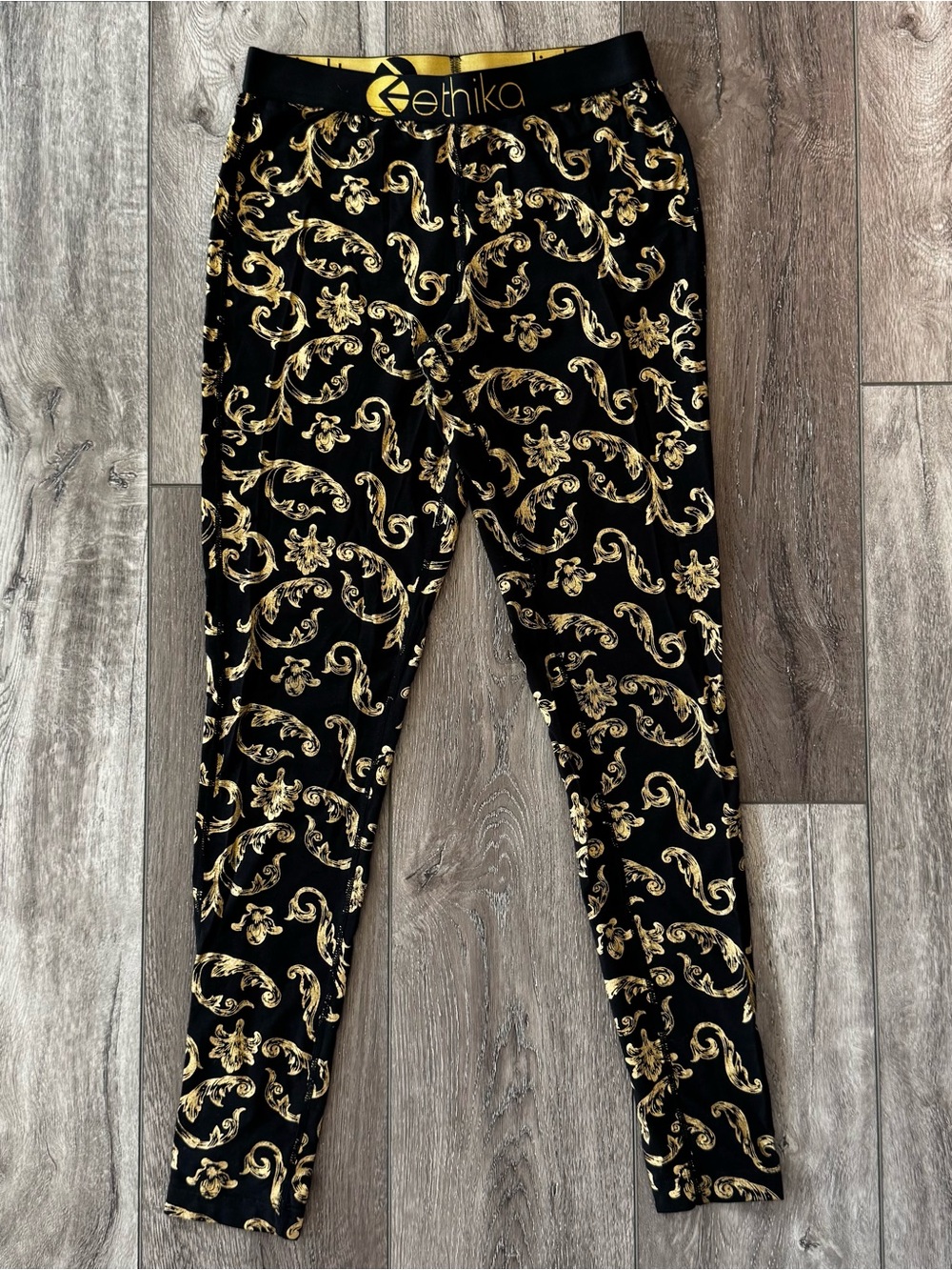 Ethika Women’s Tights SMALL Mid-Rise Full Length Stretch Black / Gold Baroque